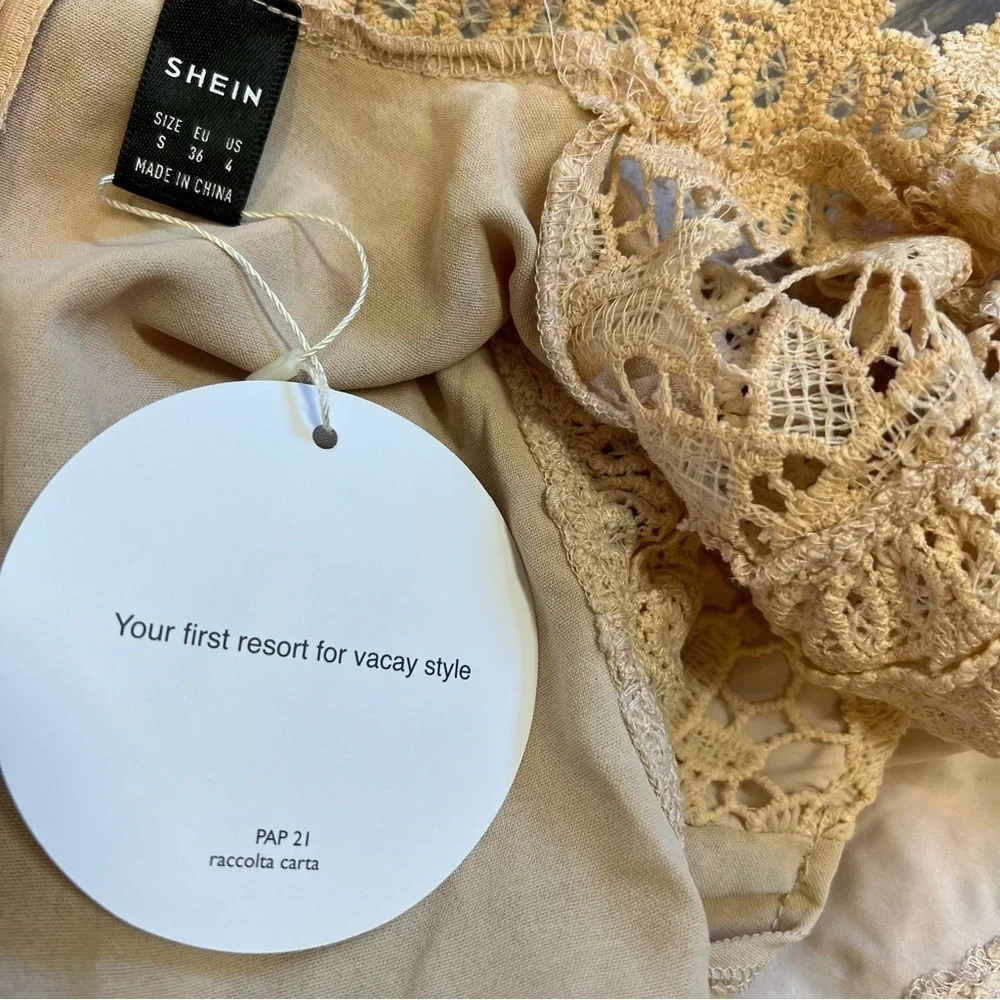 NWT SHEIN Tan Short Sleeves Lace Front Flowy Sun Dress Size S - Picture 13 of 14